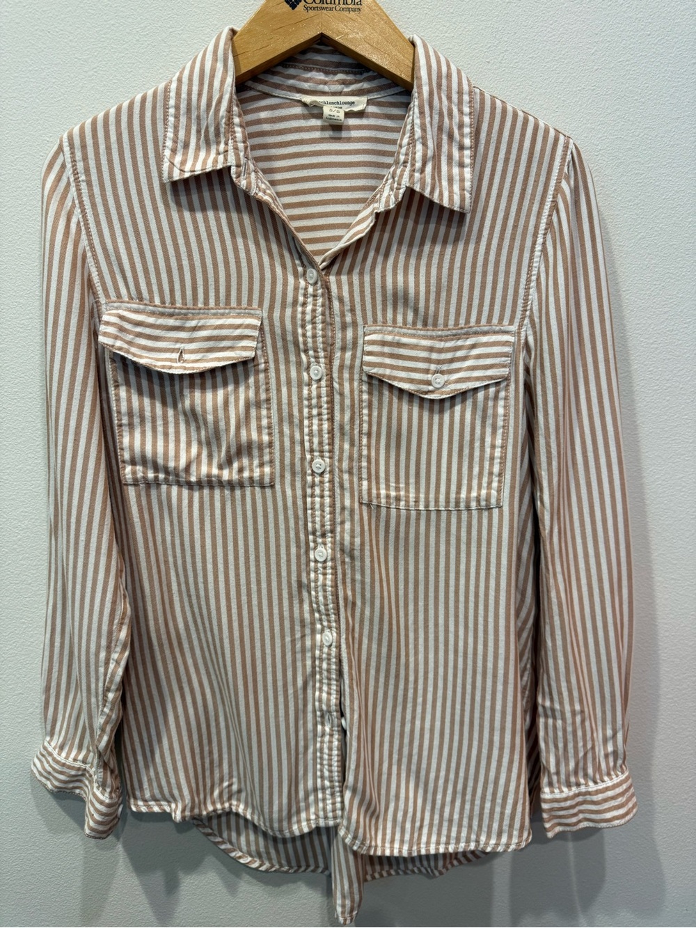 beachlunchlounge Beige and White Striped Button-Down Shirt
